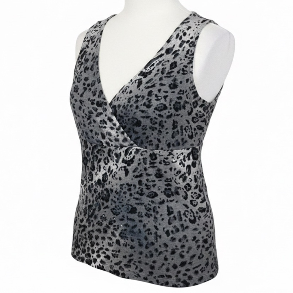 Vtg Y2K Grey Cheetah Leopard Print V-Neck Sequin Tank Top Women's Size Large